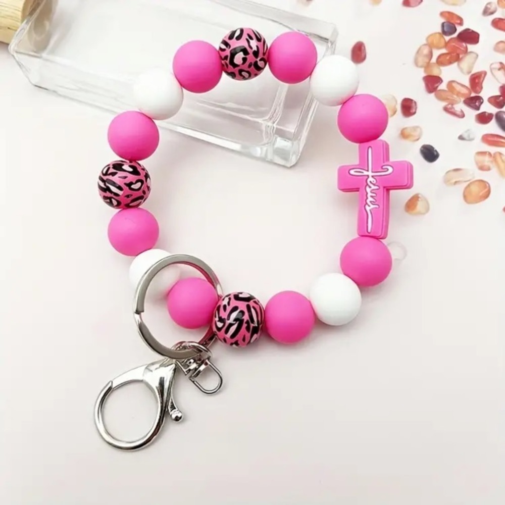 Leopard Print & Wooden Bead Silicone Wristlet Keychain/ Bag Charm